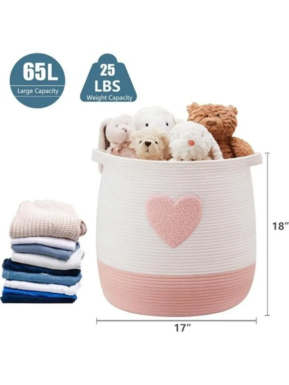 Large Pink Cotton Rope Laundry Basket Hamper Woven Storage Bin for Toys Blanket